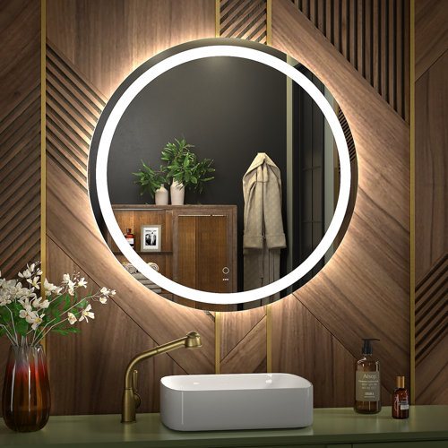 KWW Large Modern Round Illuminated Dimmable LED Anti Fog Makeup Bathroom Vanity Mirror 